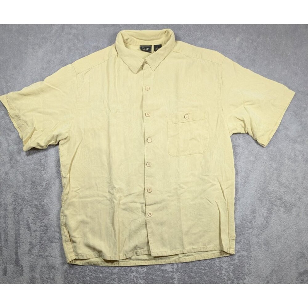 Silk Button Up Shirt Mens Large Yellow Floral Embroidered Vacation Resort Hawaii